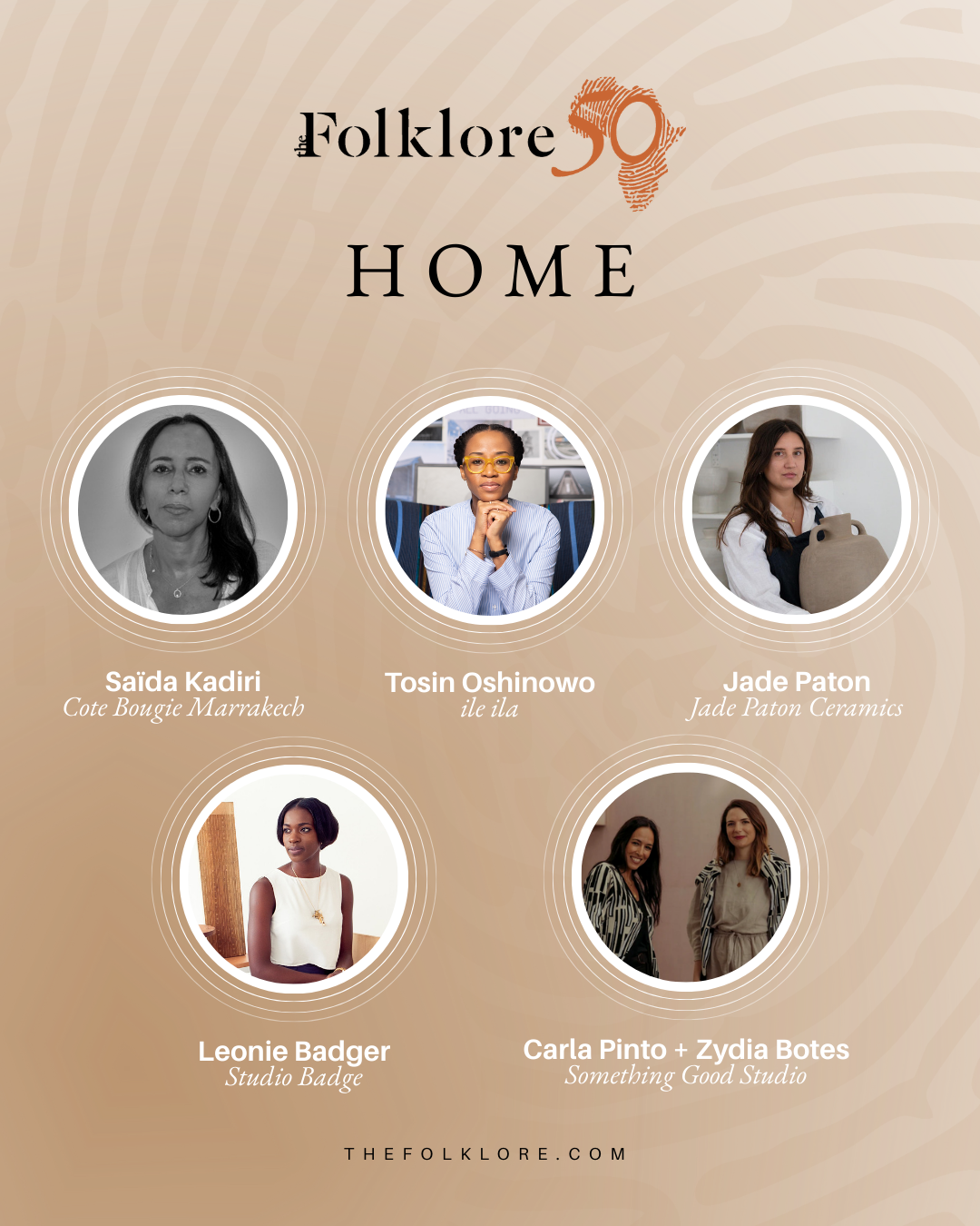 Collage of five African interior brands from The Folklore 50 Africa: minimalist wood furniture from Studio Badge, Moroccan candles by Côté Bougie, textile art from Something Good Studio, vibrant chairs by ile ila, and handcrafted ceramics by Jade Paton.