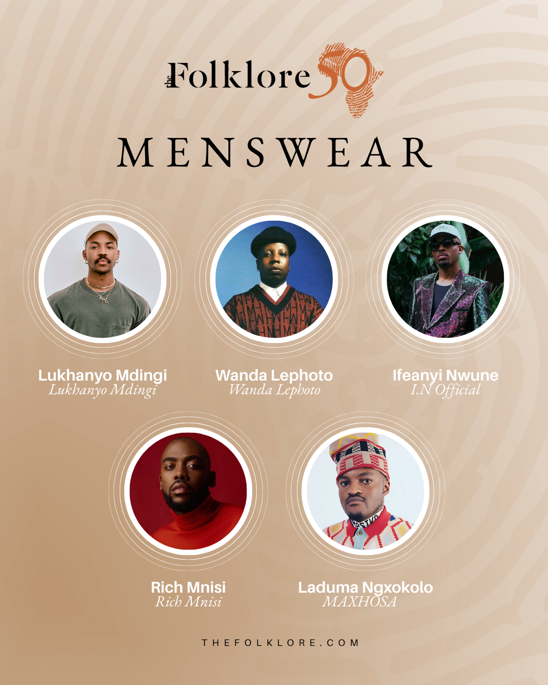 Collage of five influential African menswear designers featured in The Folklore 50 Africa: Lukhanyo Mdingi, Wanda Lephoto, Laduma Ngxokolo, Rich Mnisi, and Ifeanyi Nwune, each celebrated for fusing heritage and innovation in fashion.