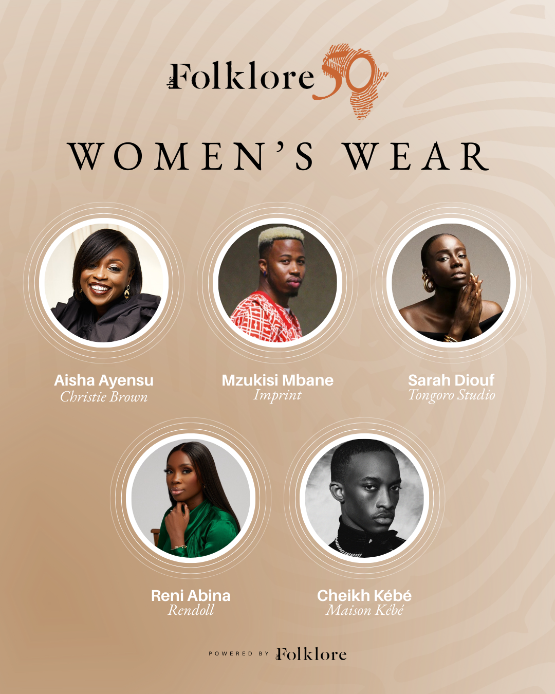 Collage featuring the five womenswear designers selected for The Folklore 50 Africa campaign, representing African fashion innovation and creative leadership.