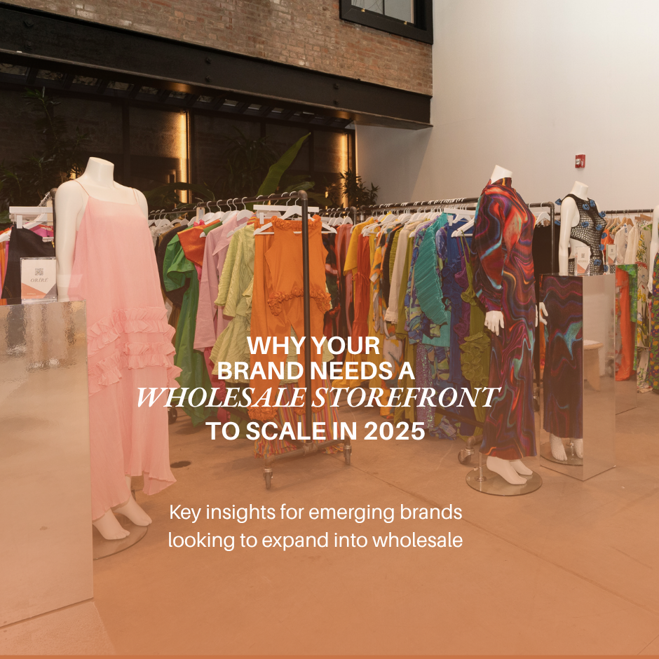 Retail store interior with clothing racks and stylish apparel on display. Overlaid text reads: “Why your brand needs a wholesale storefront to scale in 2025 – Key insights for emerging brands looking to expand into wholesale.