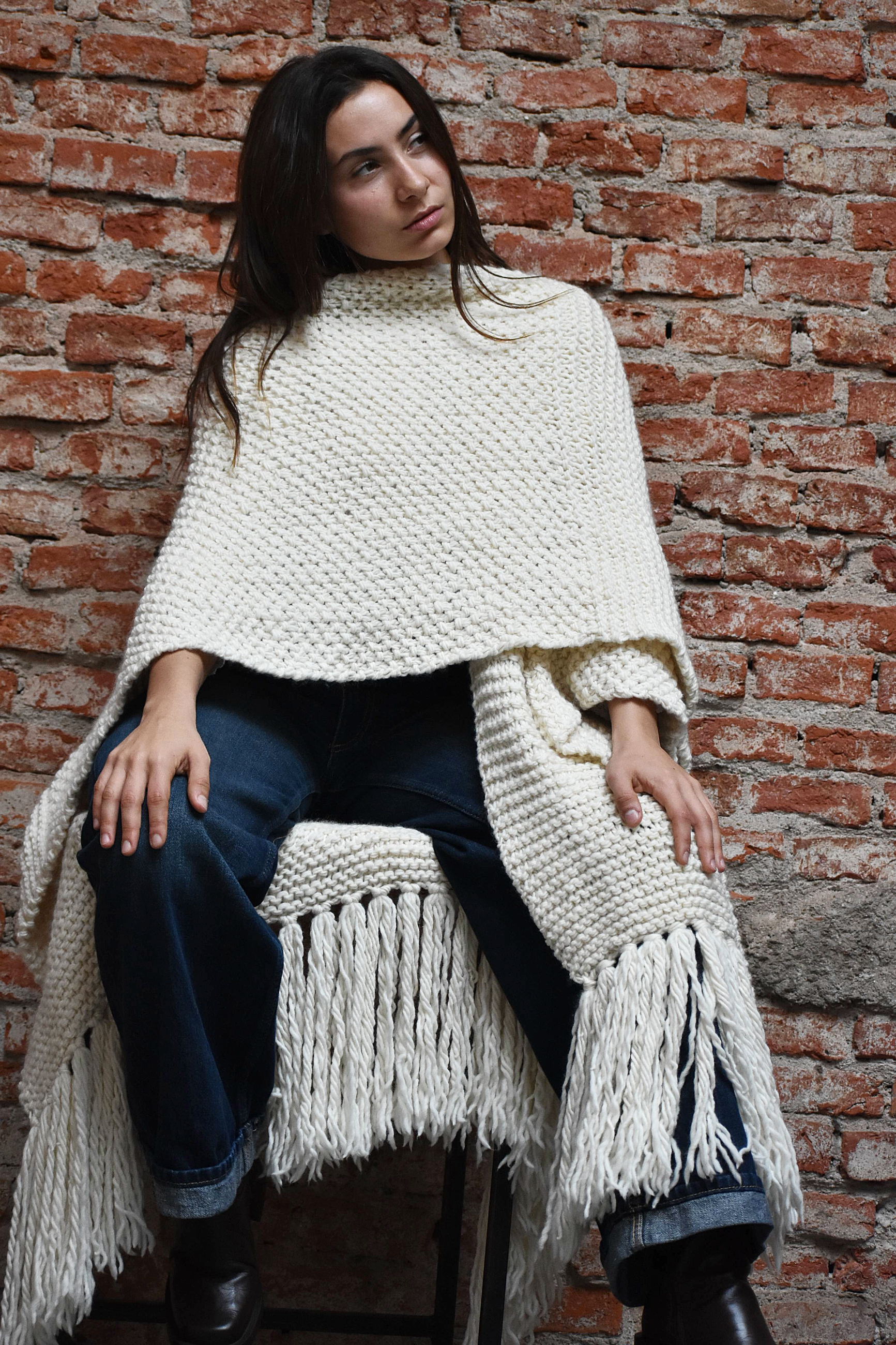 Luxurious Merino Wool Ruana with Fringes