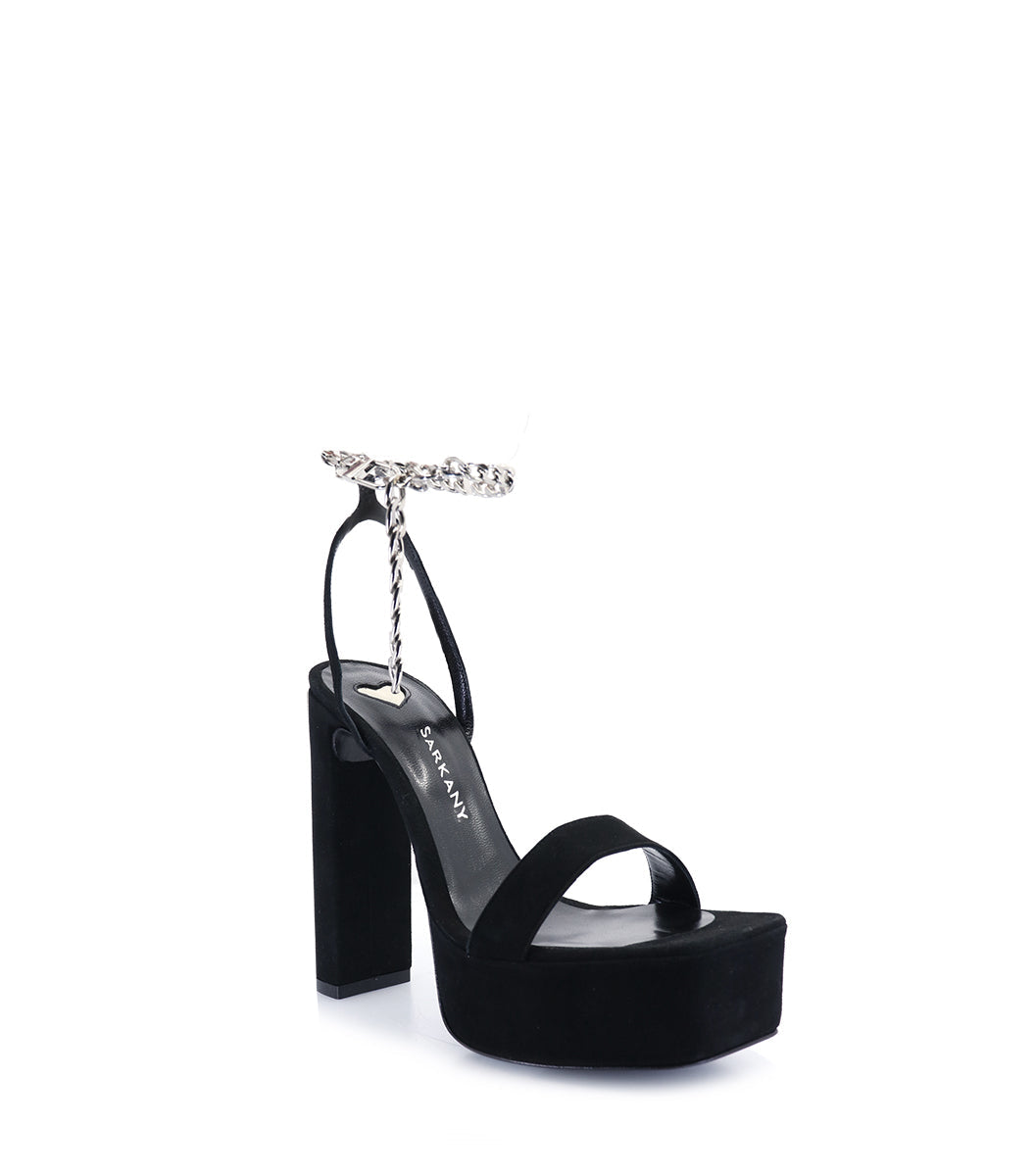 Sleek Black Suede Platform Sandals with Chain Detail Nicki