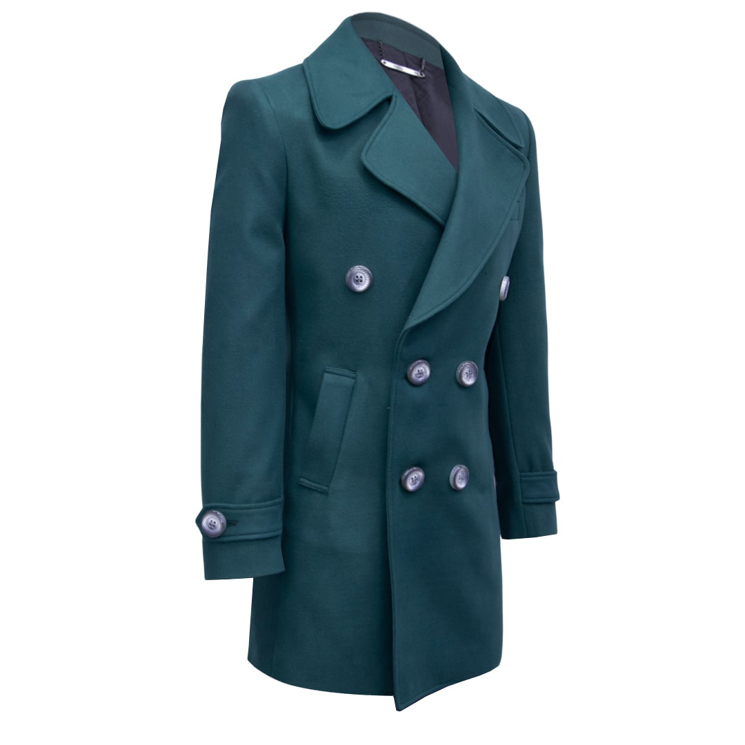 Green double-breasted coat.