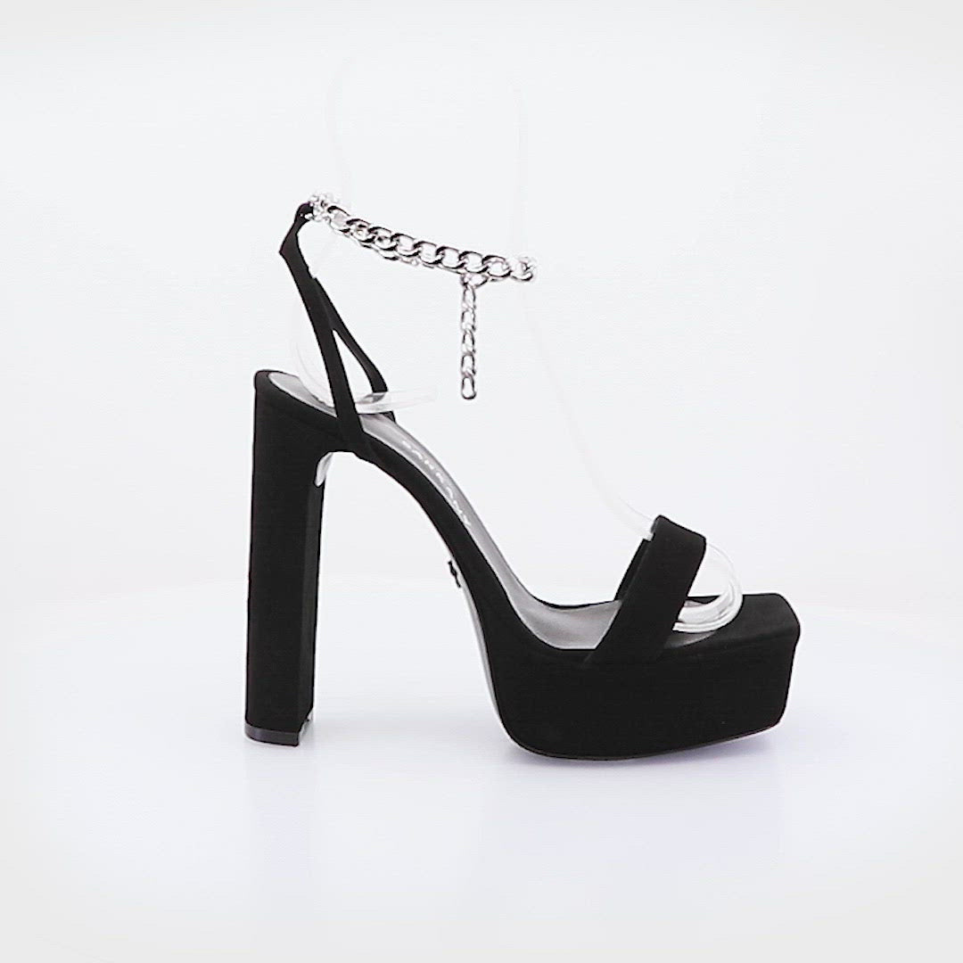 Sleek Black Suede Platform Sandals with Chain Detail Nicki