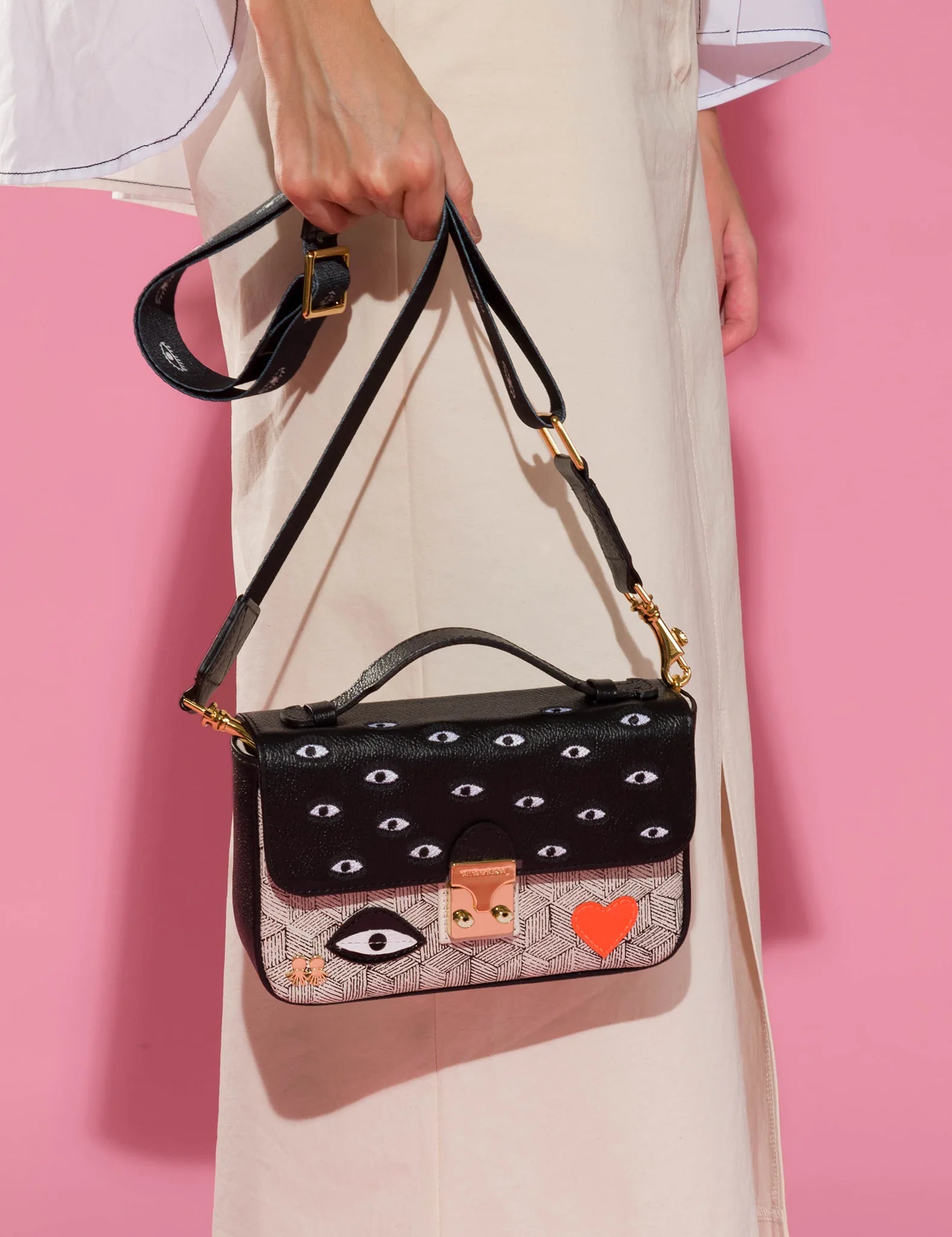 Amantis Leather Crossbody Mini Handbag - All Over Eyes Embroidery