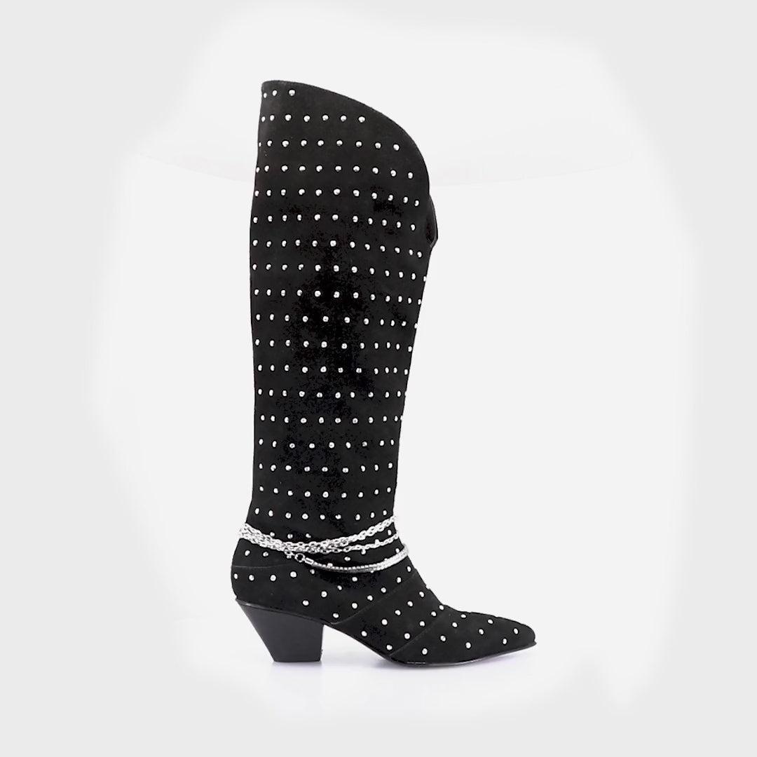 Chic Rhinestone Suede Black Boots Natu