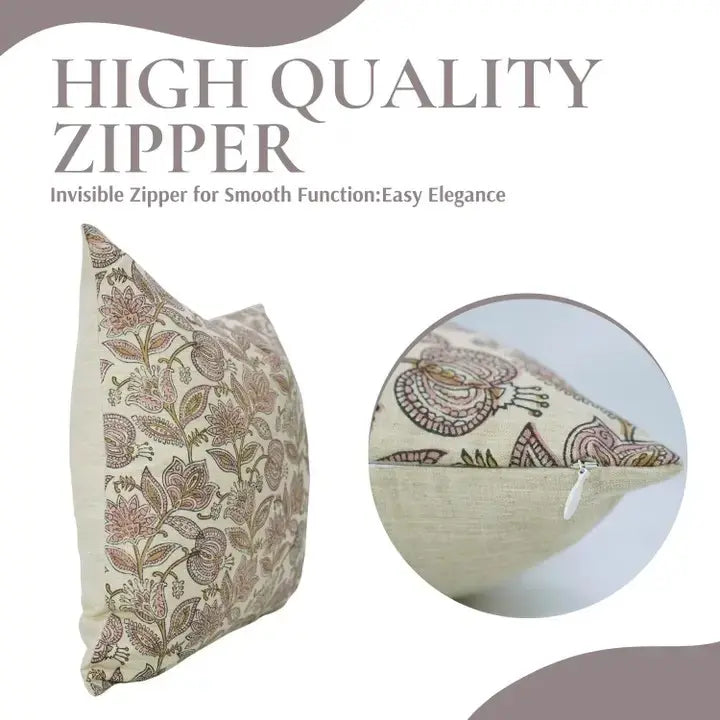 Natural Block Print Linen Blend Pillow Cover - Custard Apple