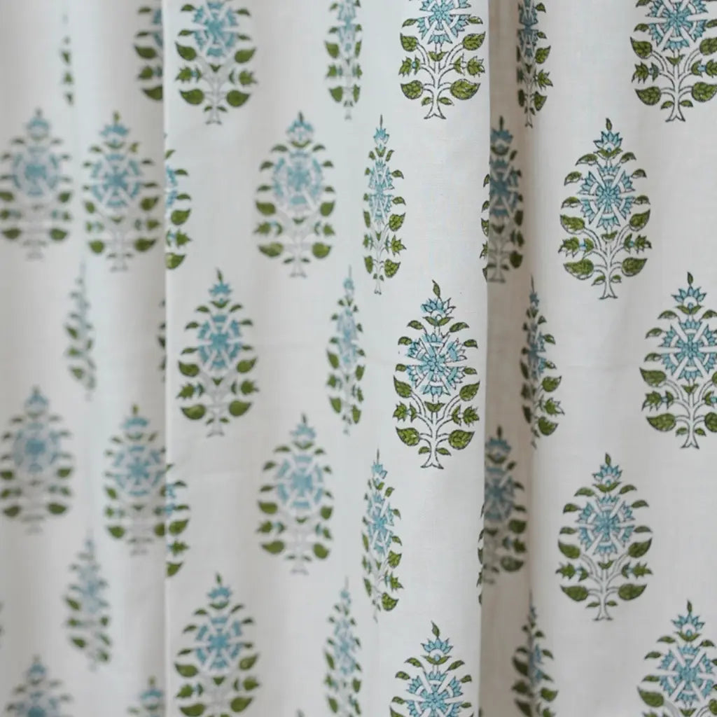 Green Blue Floral Block Print Linen Curtain Handmade Boho Window Panel - Gulnari