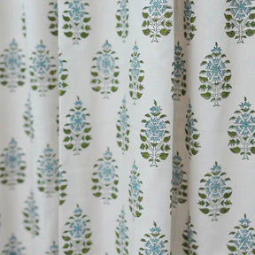 Green Blue Floral Block Print Linen Curtain Handmade Boho Window Panel - Gulnari