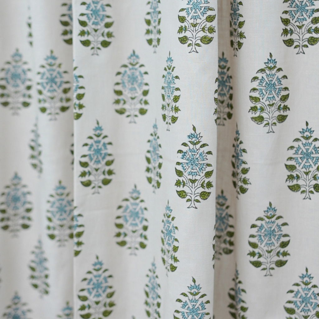 Green Blue Floral Block Print Linen Curtain Handmade Boho Window Panel - Gulnari