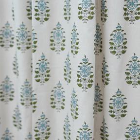 Green Blue Floral Block Print Linen Curtain Handmade Boho Window Panel - Gulnari