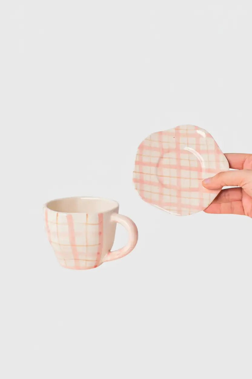 Ceramic Handmade Cute Mug & Coaster Set - Plaid, 2.5 Inches