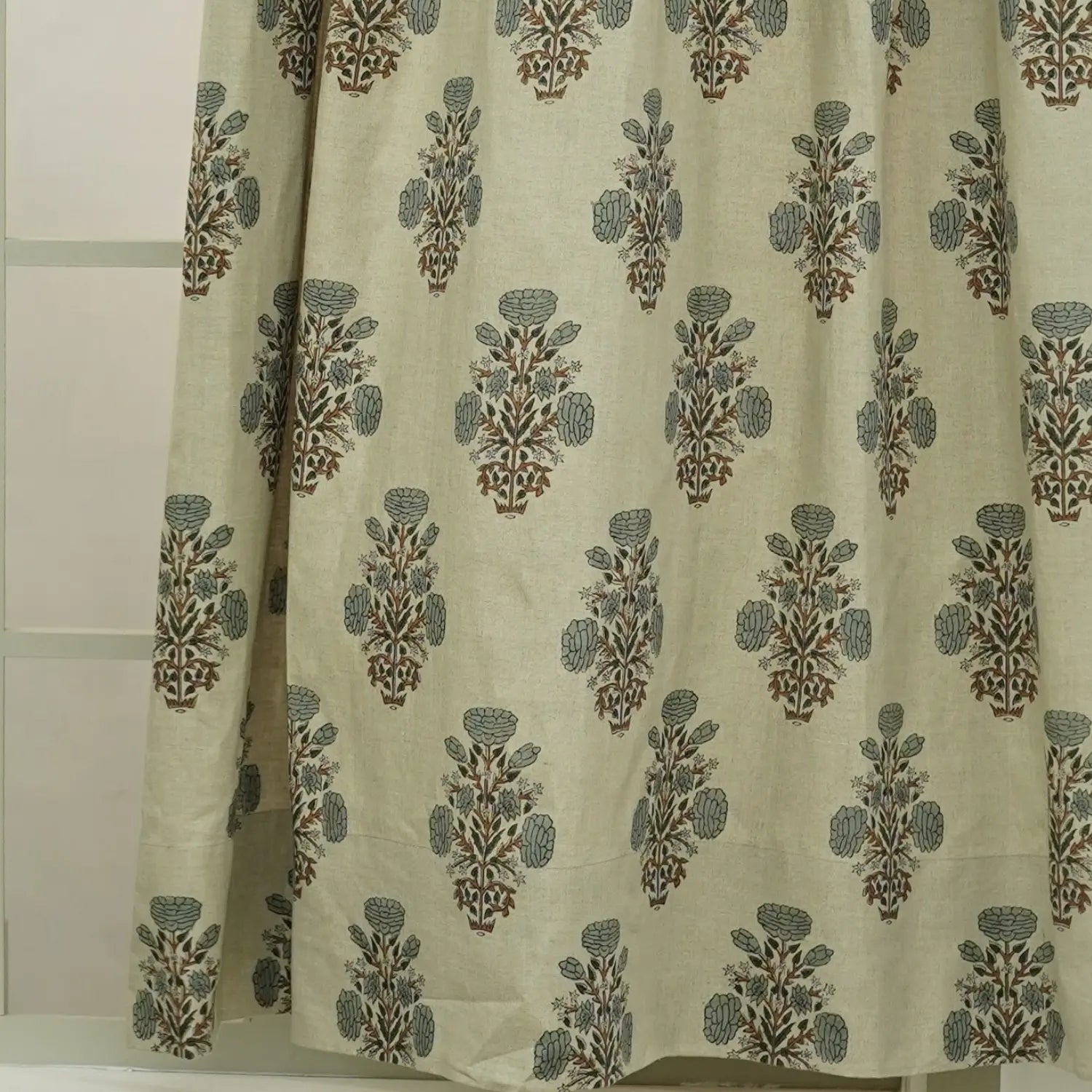 Floral Hand Block Print Pure Linen Pleated Curtain- Swadesh