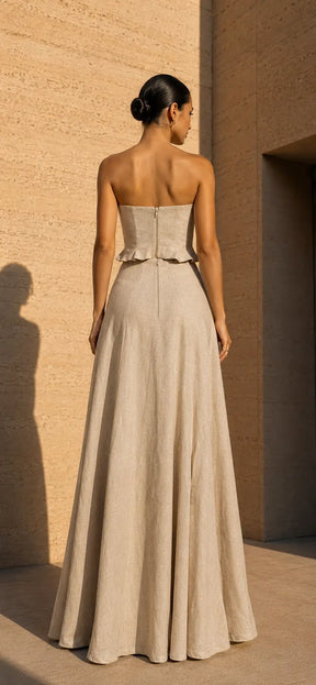 HERENCIA Elegant Strapless Linen 3D Floral Maxi Set