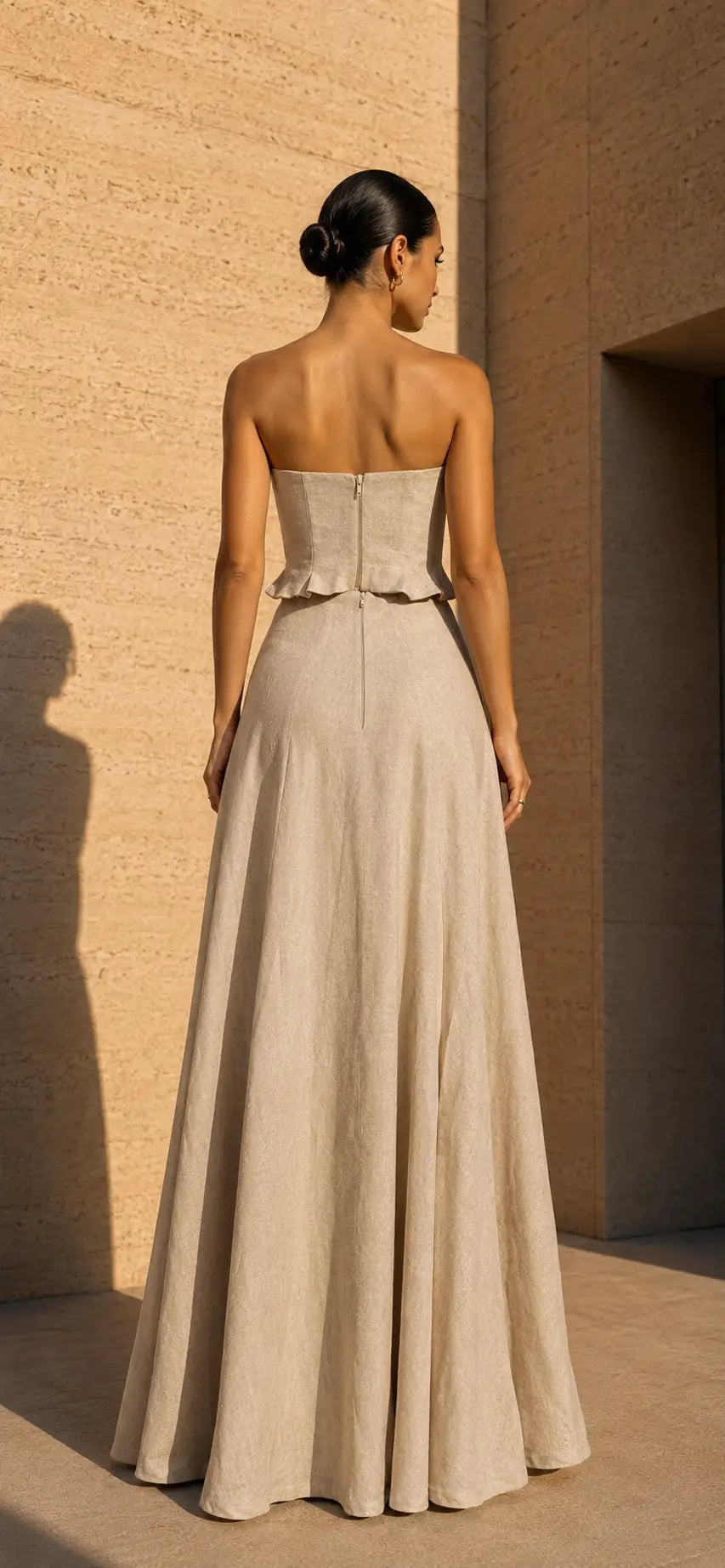 HERENCIA Elegant Strapless Linen 3D Floral Maxi Set