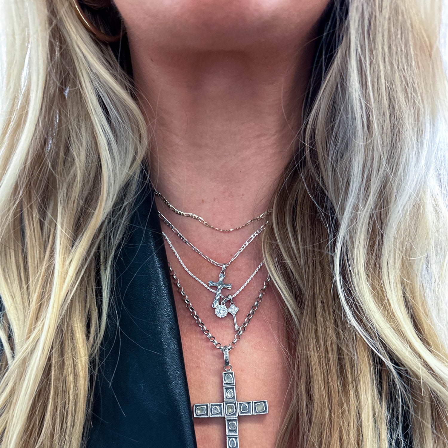 Silver Textured Cross Charm Necklace