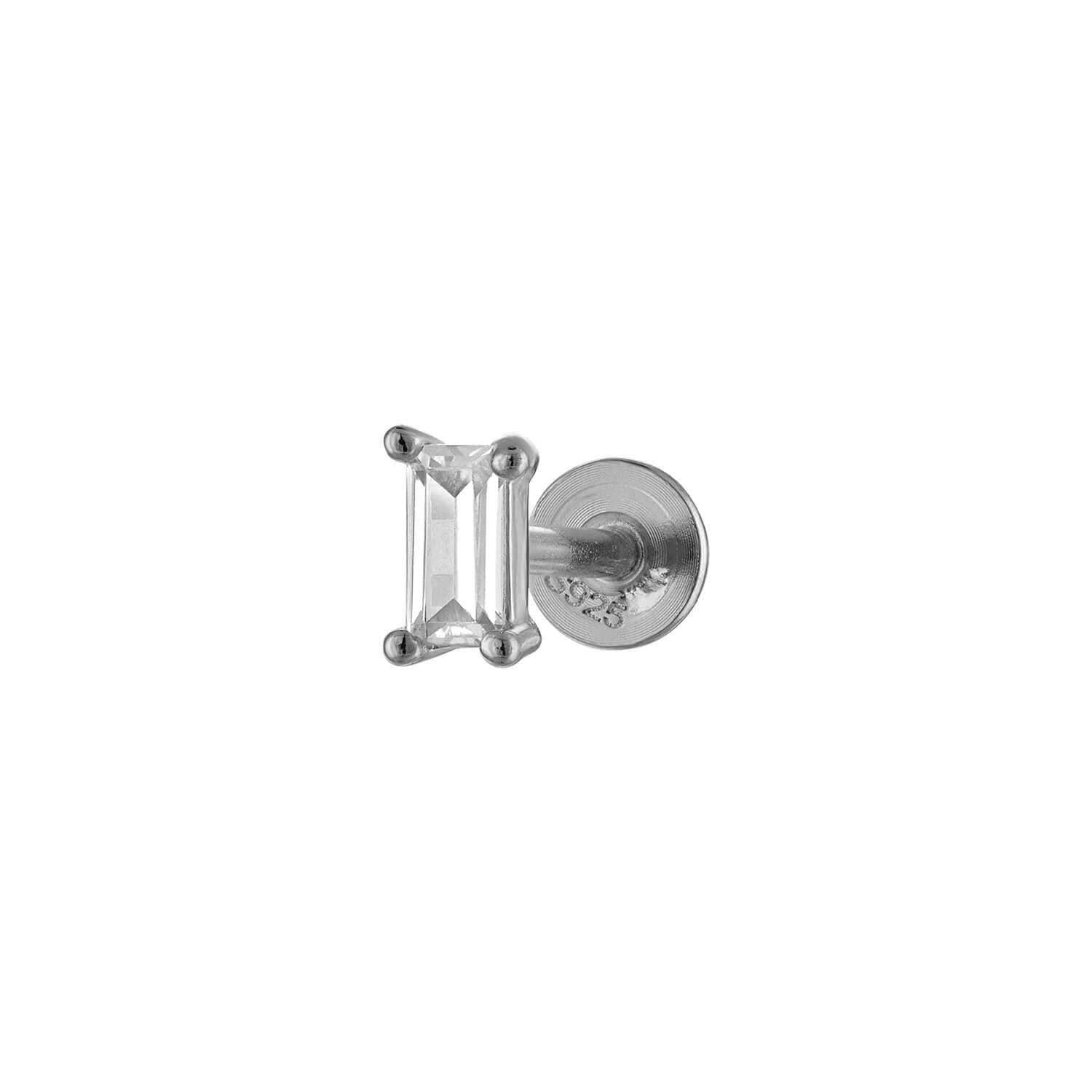 Single Baguette Flatback Sterling Silver Earring Stud
