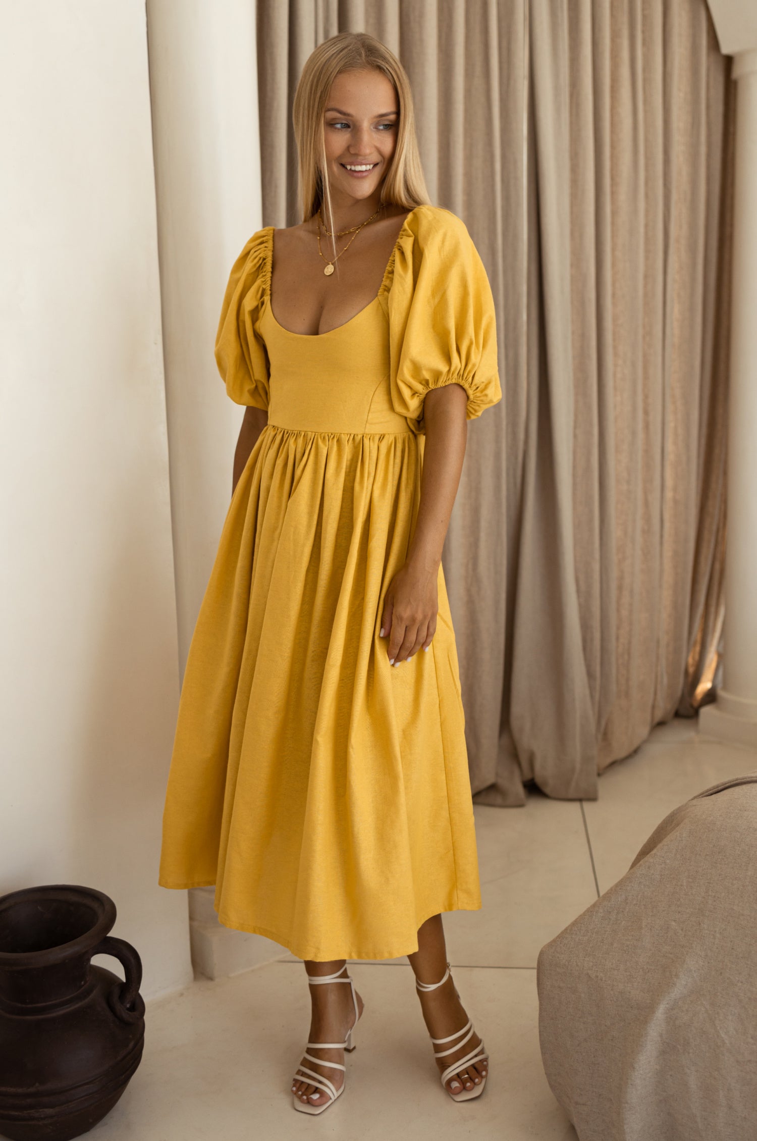 Cherie Puff Sleeve Midi Dress - Honey Cream