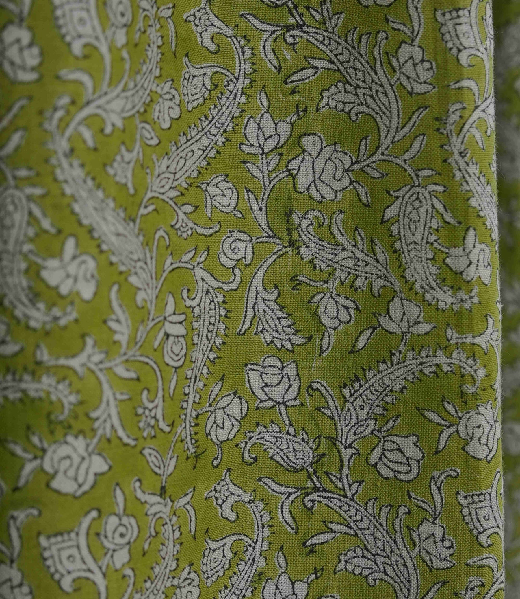 Floral Block Print Rod Pocket Green Pure Linen Curtain  - Black Forest