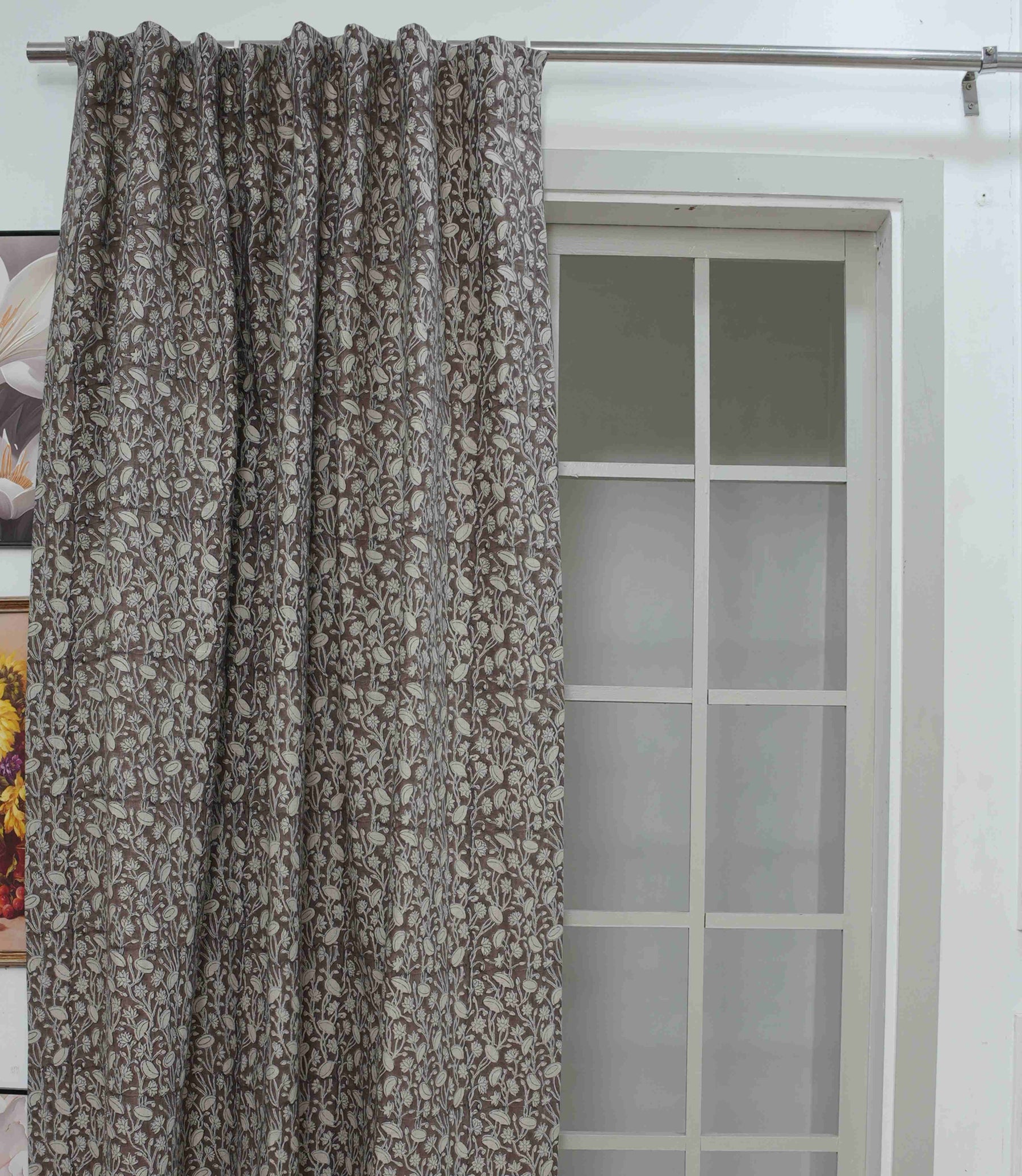 Handcrafted Brown Floral Vintage Pure Linen Curtain Block Print Panel - Pishta
