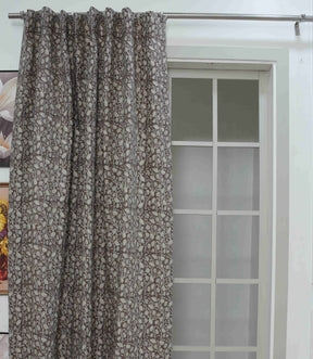 Handcrafted Brown Floral Vintage Pure Linen Curtain Block Print Panel - Pishta