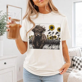 Highland Cow Sunflower Field Graphic T-Shirt | Ivory Country Western Floral Cotton Tee