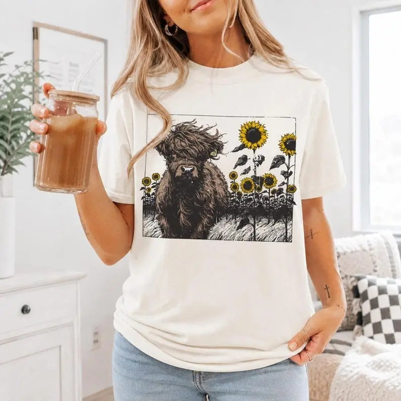 Highland Cow Sunflower Field Graphic T-Shirt | Ivory Country Western Floral Cotton Tee