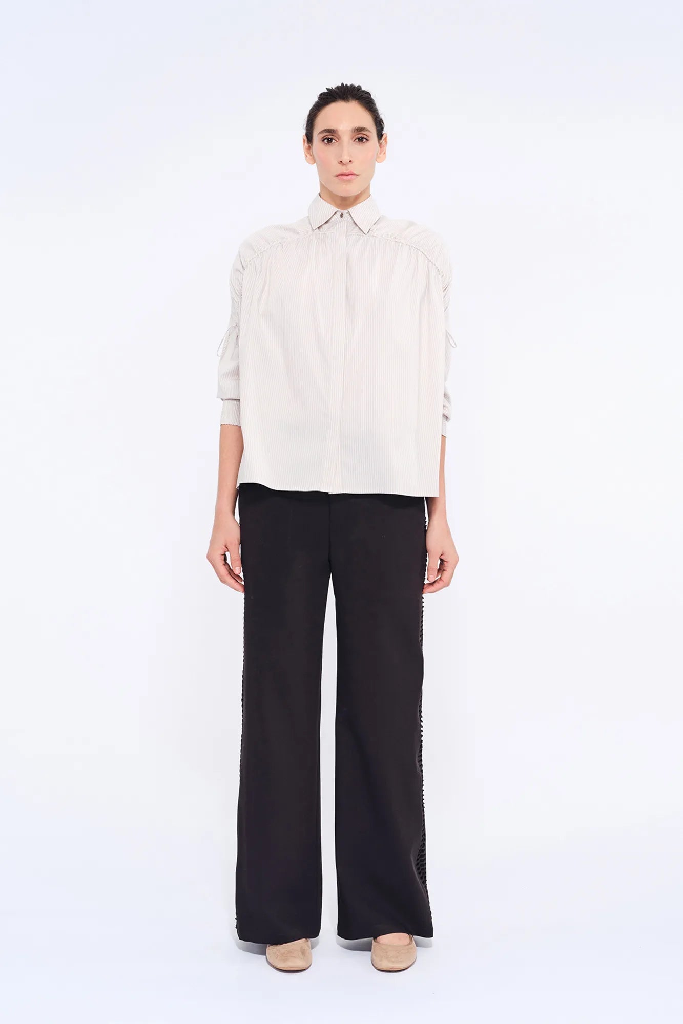 Star Gathered Shoulder Blouse | Striped Sand