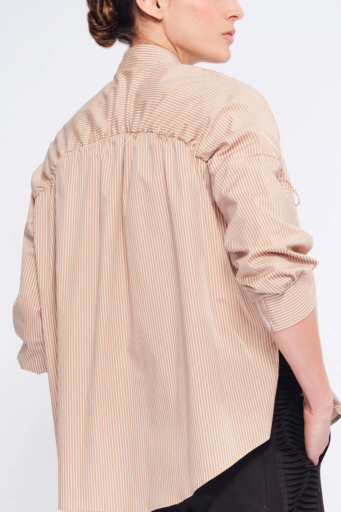 Star Gathered Shoulder Blouse | Striped Camel