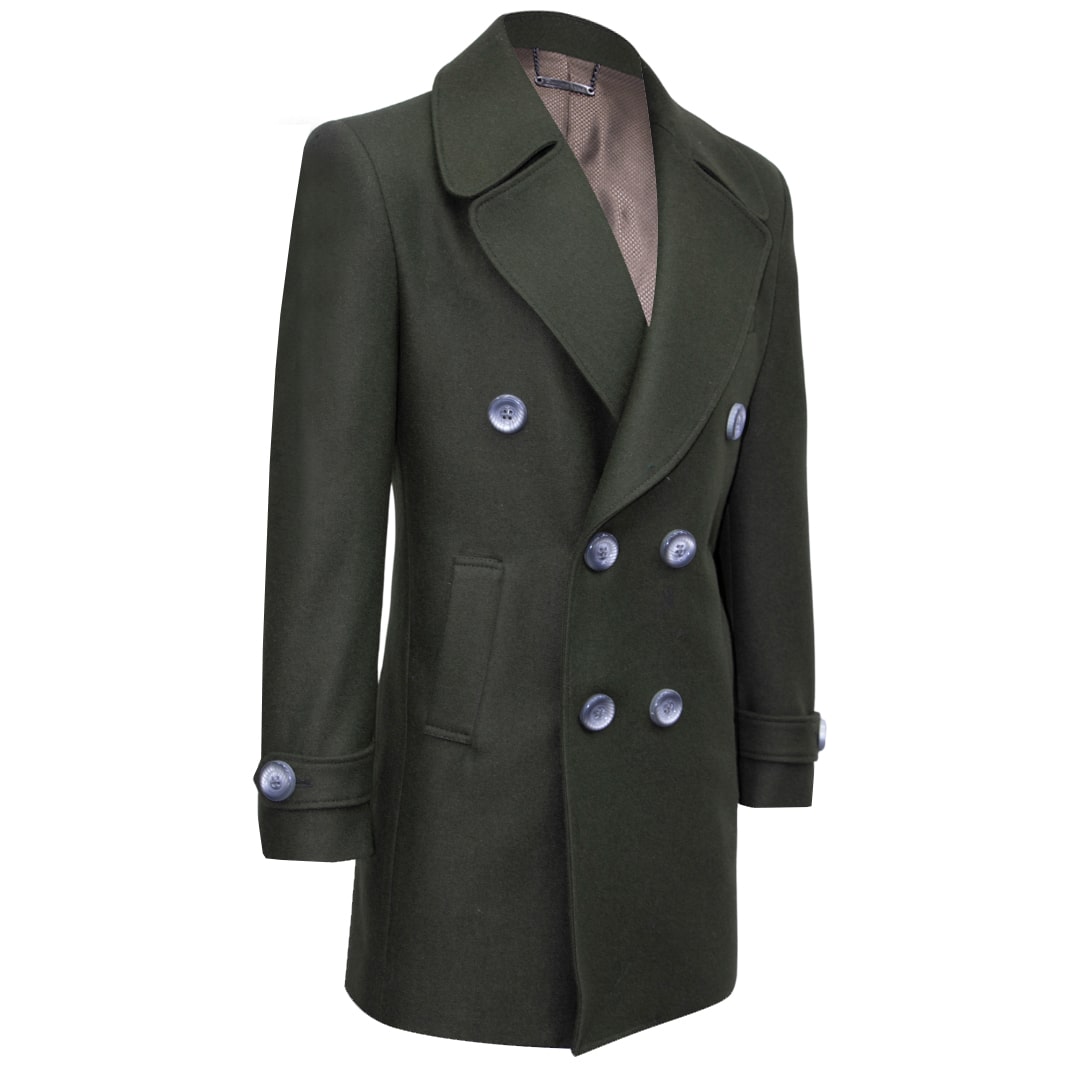 Military green double-breasted coat.