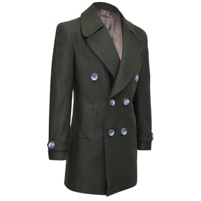 Military green double-breasted coat.