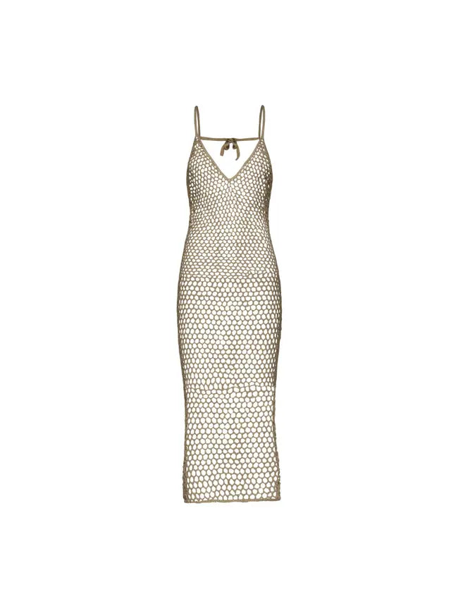 Kaya Crochet Midi Dress in Earthy Sand