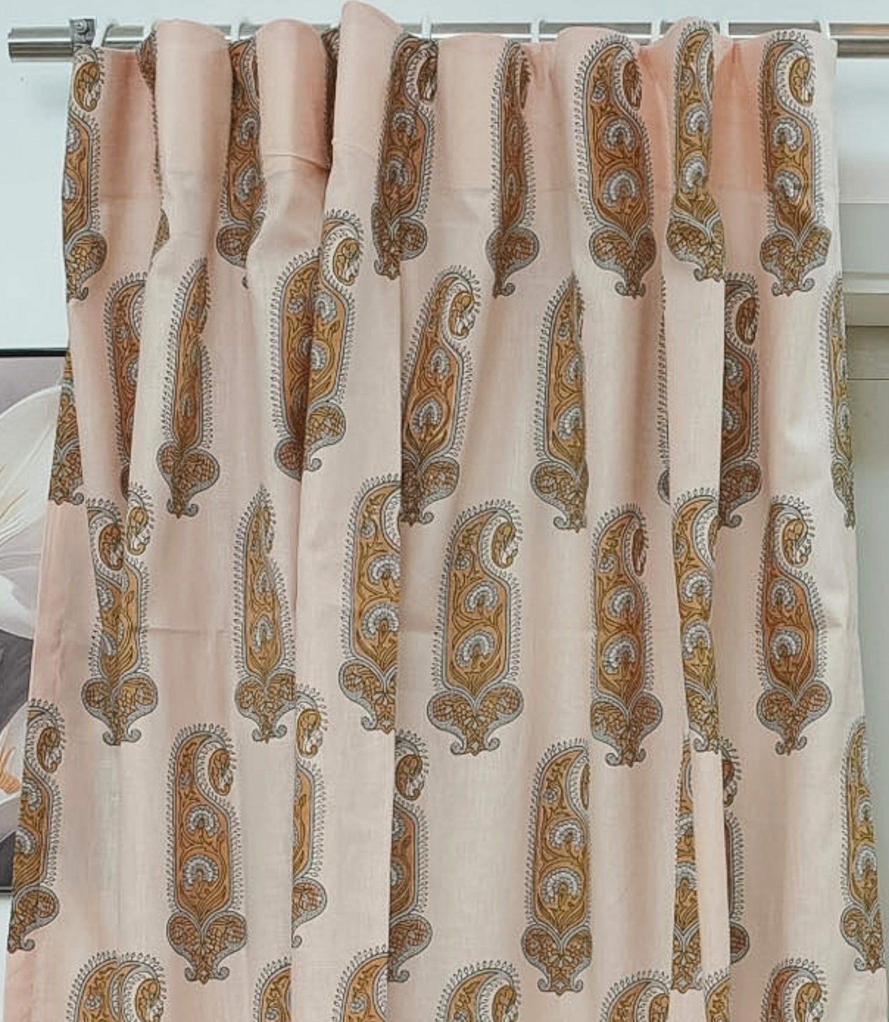 Handmade Yellow Floral Block Print Linen Curtain Boho Window Drape Panel - Namokar