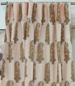 Handmade Yellow Floral Block Print Linen Curtain Boho Window Drape Panel - Namokar