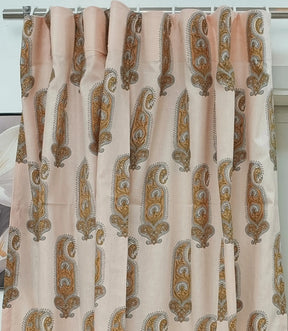 Handmade Yellow Floral Block Print Linen Curtain Boho Window Drape Panel - Namokar