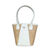 Beige Leather Tetra Tote – Handmade Medium Shoulder Bag with Palm Weave, Classic Leather Purse