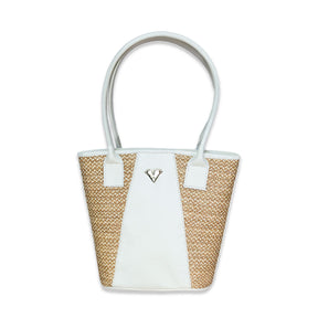 Beige Leather Tetra Tote – Handmade Medium Shoulder Bag with Palm Weave, Classic Leather Purse
