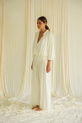 **Return Pant Ivory – Draped Wide-Leg Palazzo**