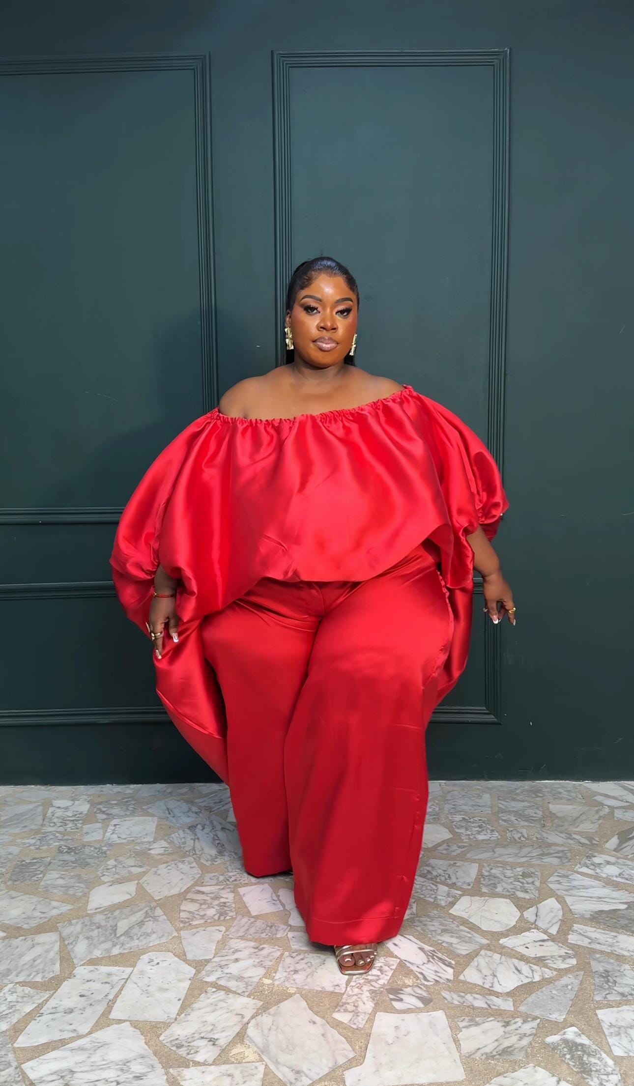 2-piece Kese red cape high low and wide leg pant set