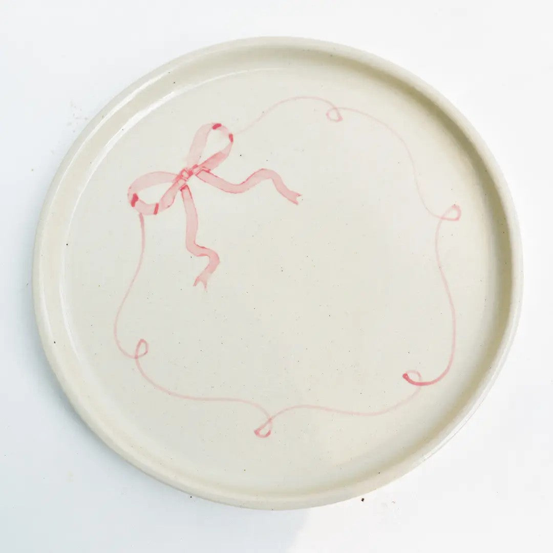 Ceramic Side Dessert Cake Plate - Pink Bow, 7 Inches (Set of 2 )