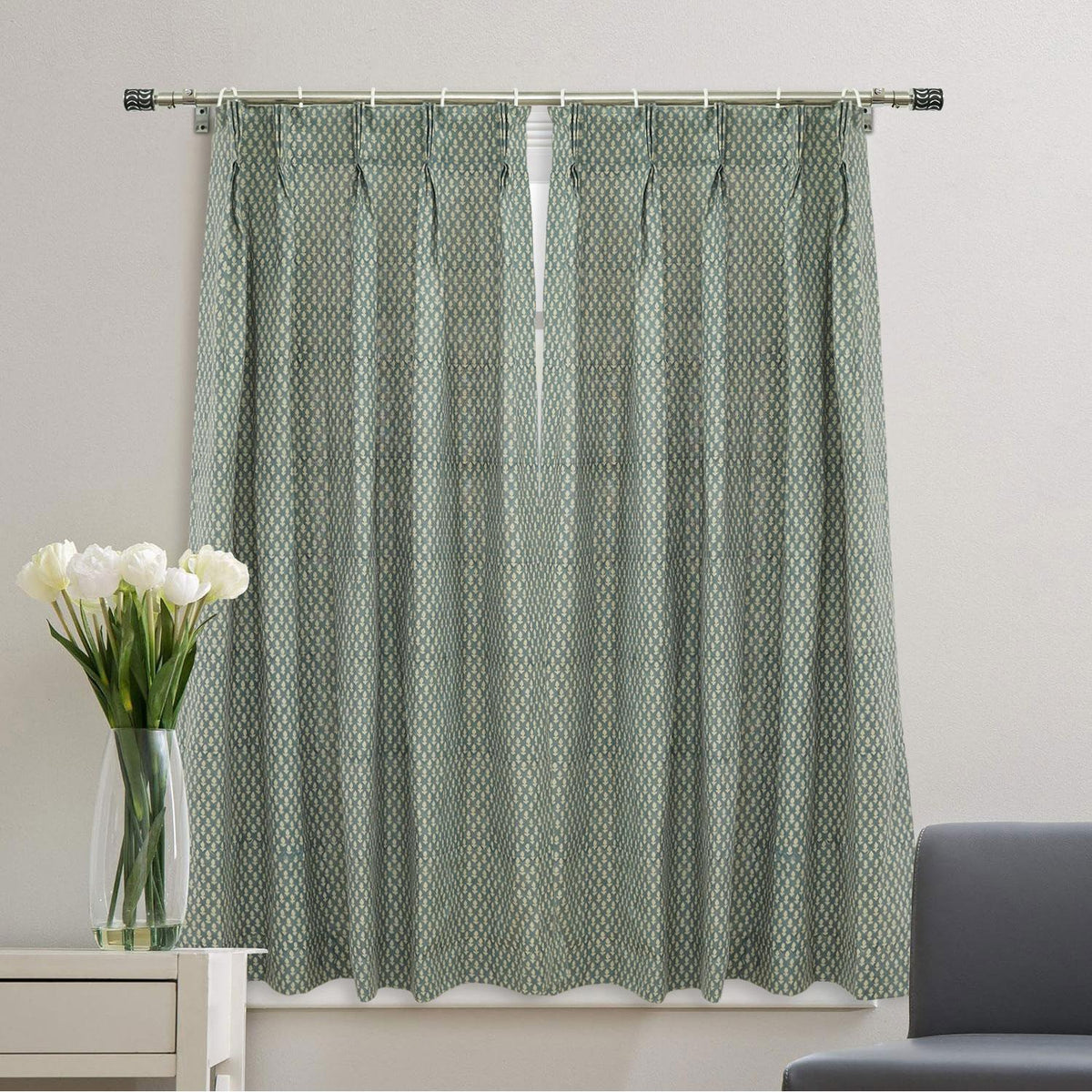 Elegant Block Printed Pure Linen Pleated Curtain- Hariyali