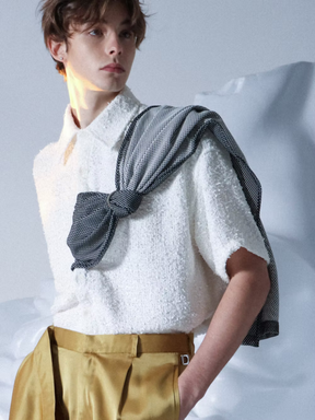 Mesh-stoled White Tweed Boxy Short Shirt