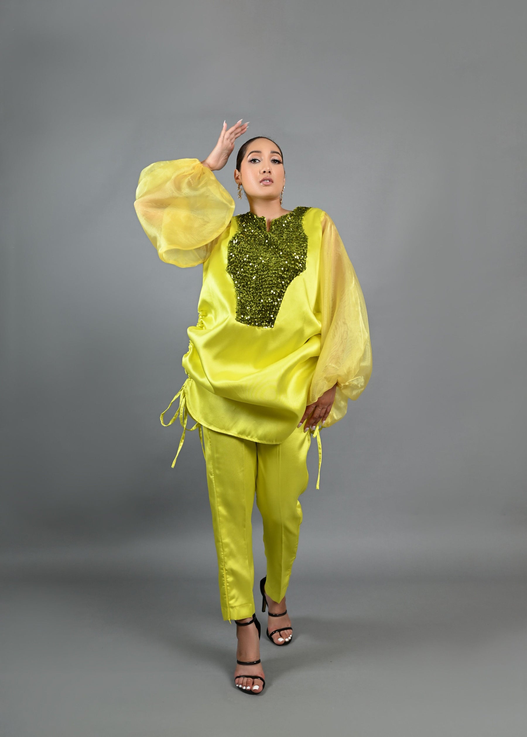 Boss Tunic Top and Pant set with sequin and bubble sleeves (Neon)