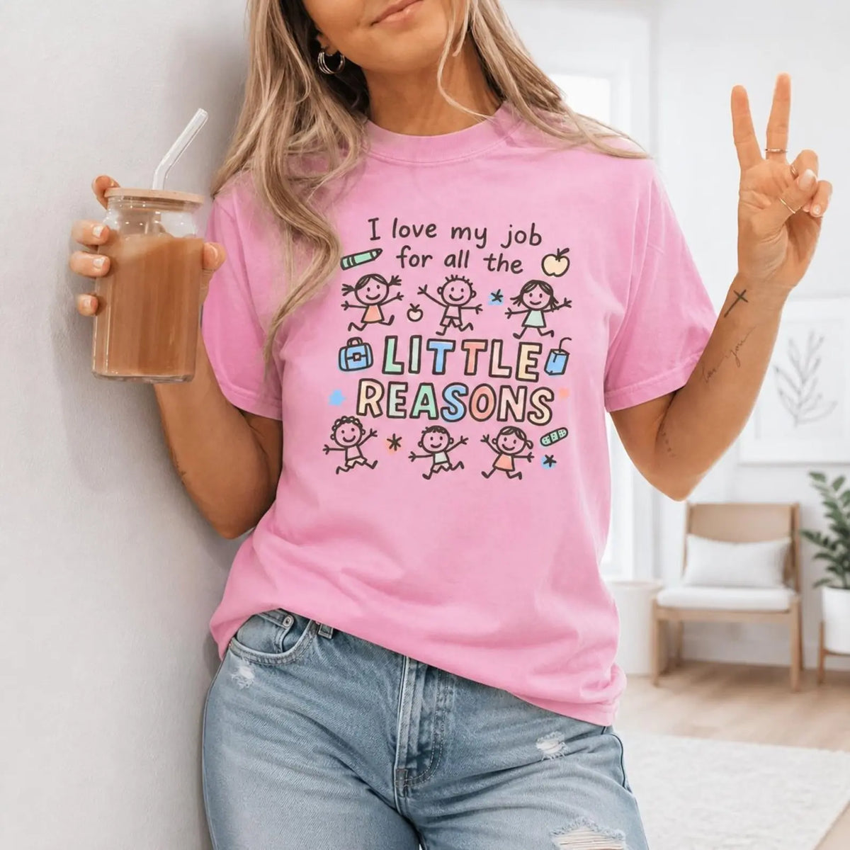 I Love My Job For All The Little Reasons Teacher T-Shirt | Cute Pink Graphic Oversized Tee