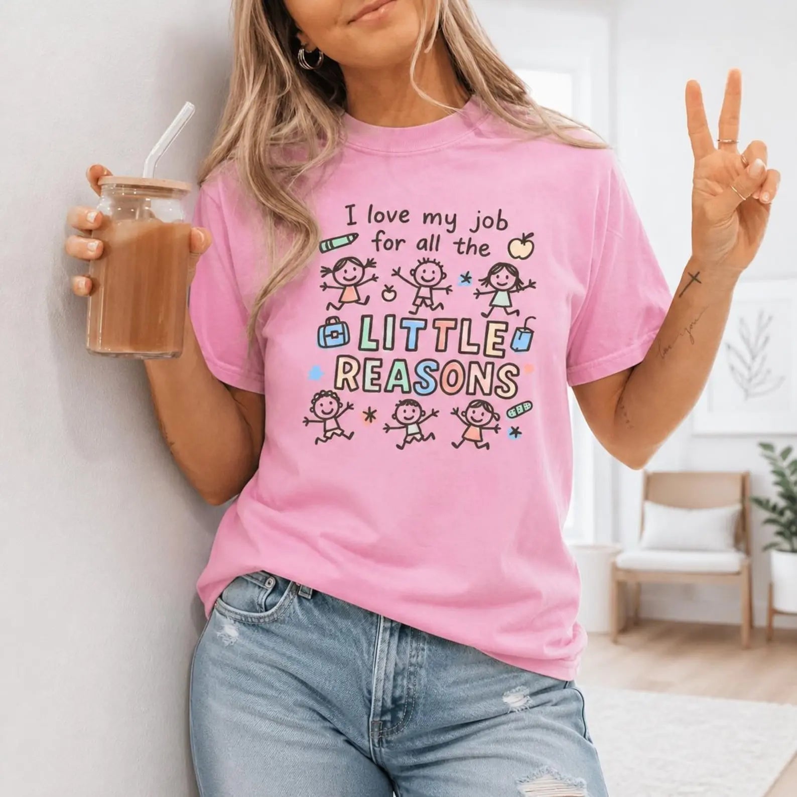 I Love My Job For All The Little Reasons Teacher T-Shirt | Cute Pink Graphic Oversized Tee