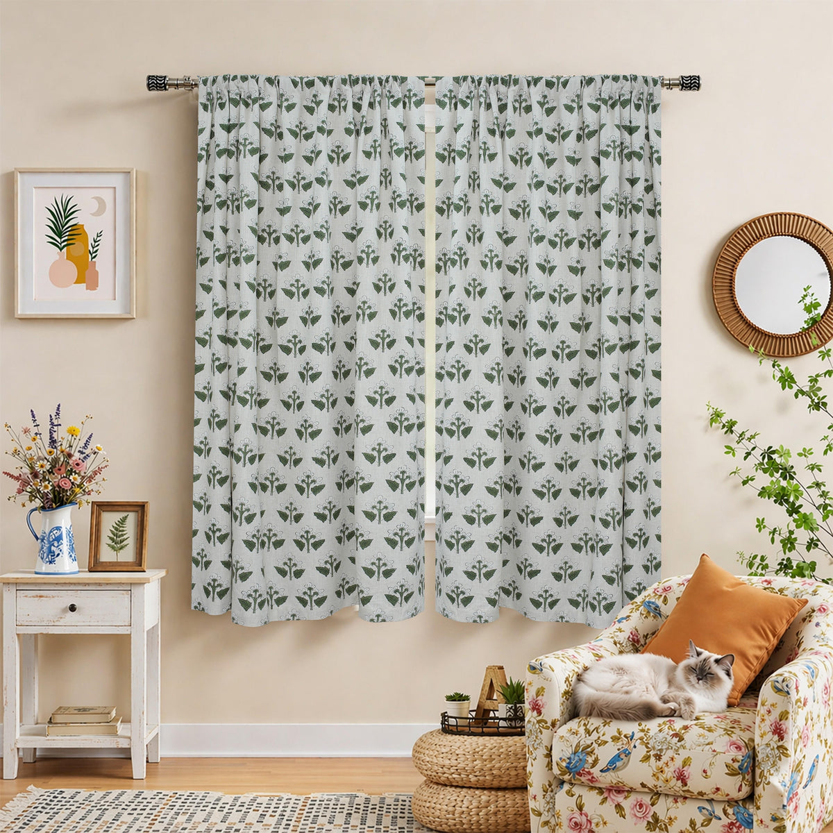 Handmade Block Print Linen Curtains Green White Floral Design | Chahat