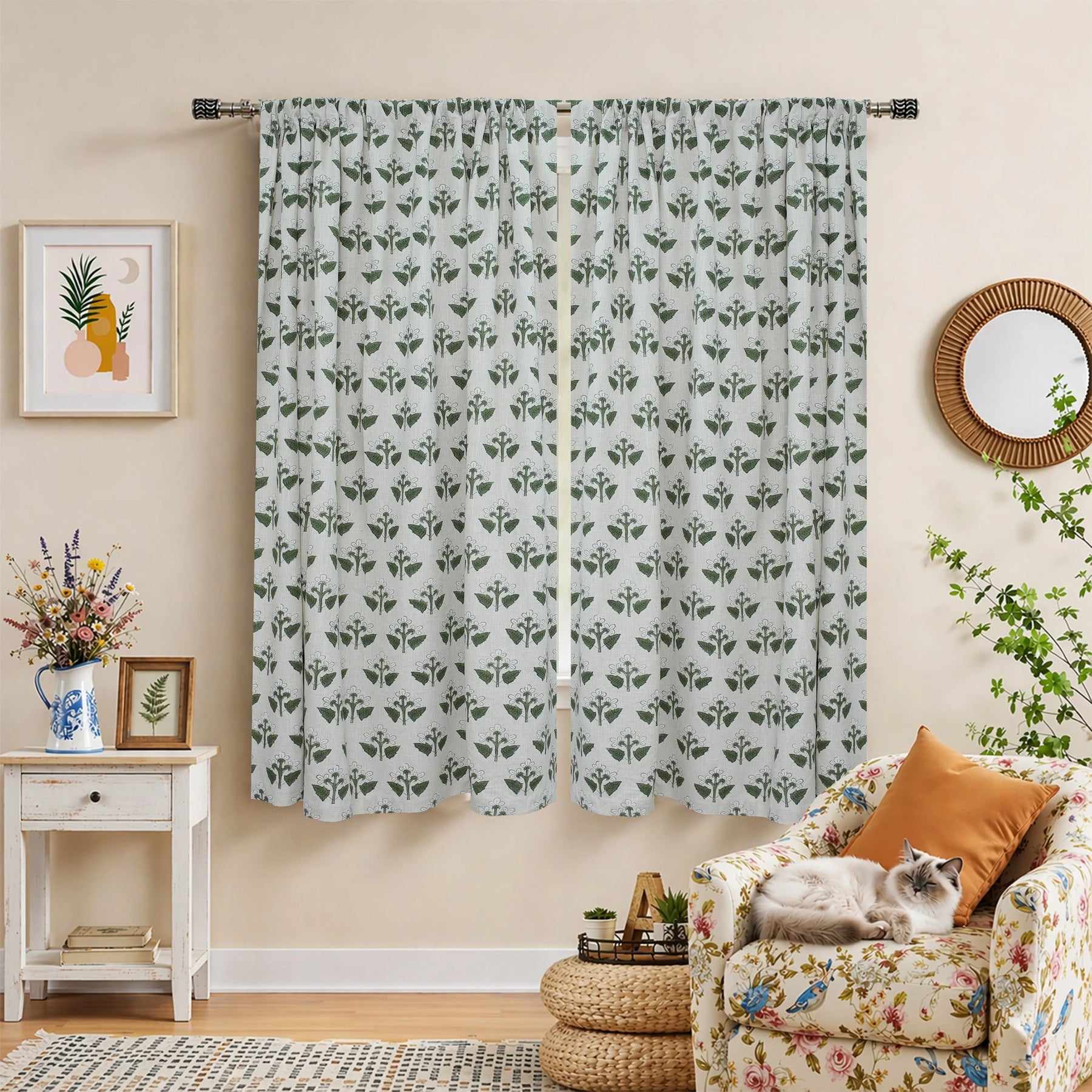 Chahat Handmade Block Print Floral Linen Curtains