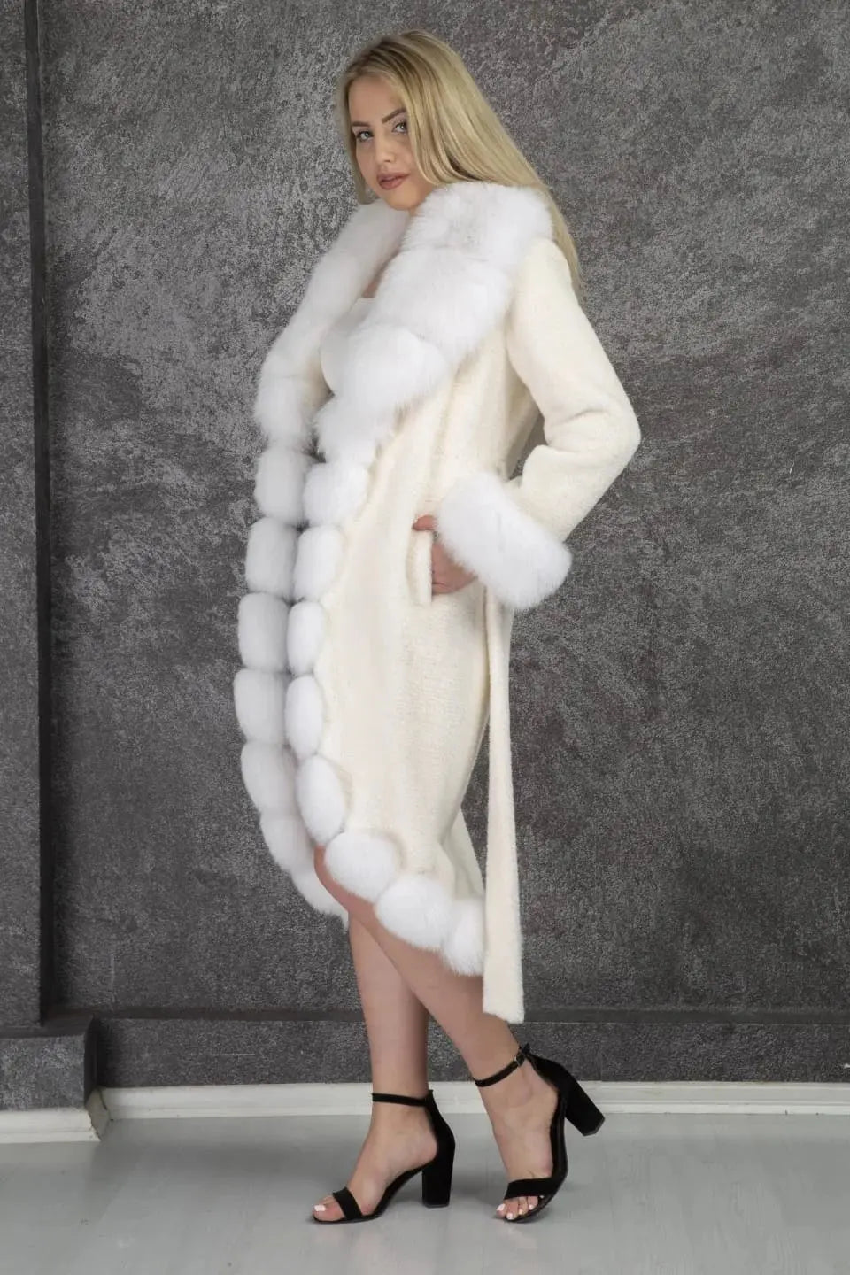White fox fur long coat