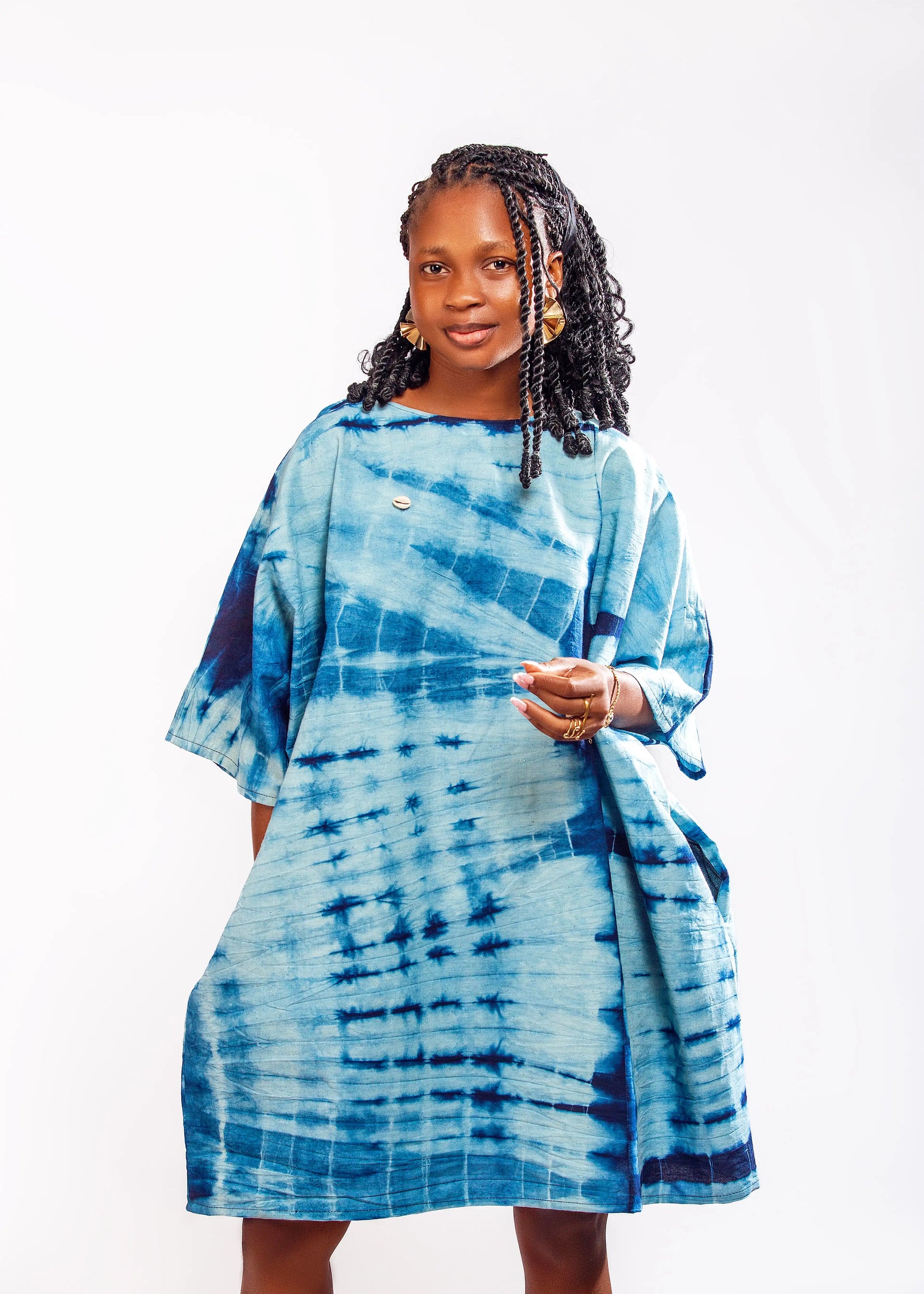 SÈDÈ Mini Kaftan Dress - Natural Indigo with Cowrie
