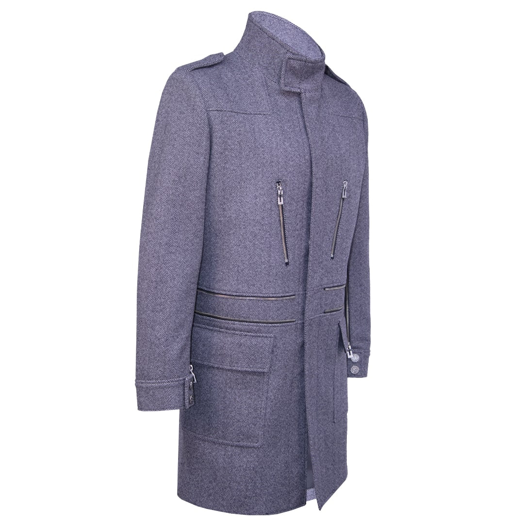 Gray coat featuring snaps and zipper details